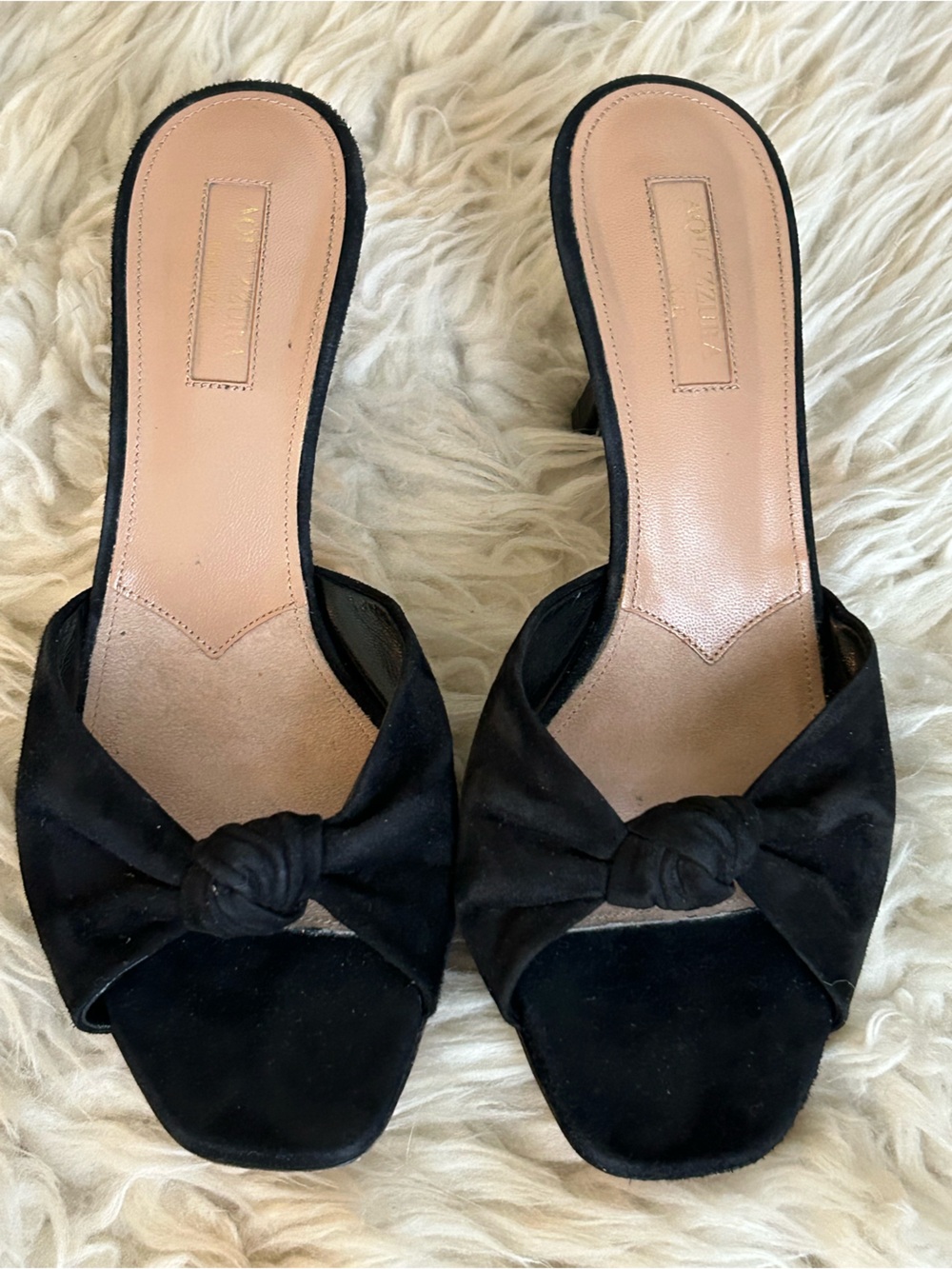 Excellent! Aquazzura Black Knotted Open-Toe Suede Mules 37/7